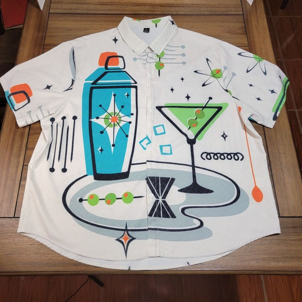 Retro Party Martini Full Button SS Shirt White - Size XXL
